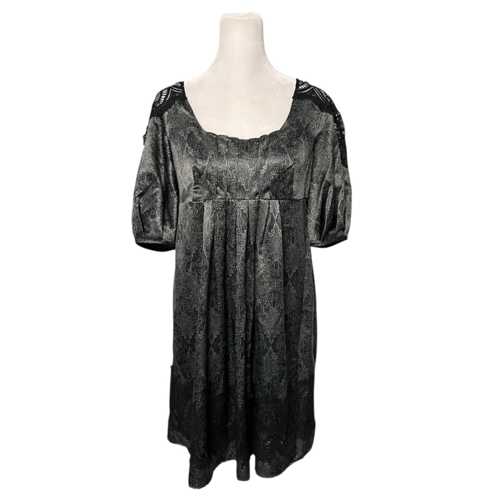 Max Azria To The Max Black Silver Puff Sleeve Satin Mini Dress Size XS